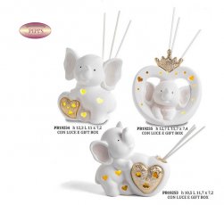 DIFFOND. ELEFANTE/CUORE ORO MET. 11 CM. PORC. LUCE G.BOX