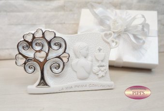 ALBERO BIMBO COMUNIONE 17X11CM QUADRETTO DA APPOGGIO POLVERE DI MARMO CON BOX