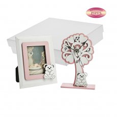 SET OROLOGIO ALBERO ROSA ORSO LEGNO 8X13 +PORTAFOTO (INT.4,5X6,5 - EST. 9X11) C/AST.