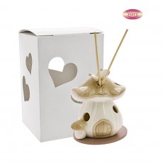 DIFFUSORE FRAGRANZA FUNGHETTO BASSO BEIGE CON FARFALLA E MINI FUNGHETTI PORCELLANA 9X9,5 C/AST. TRAF